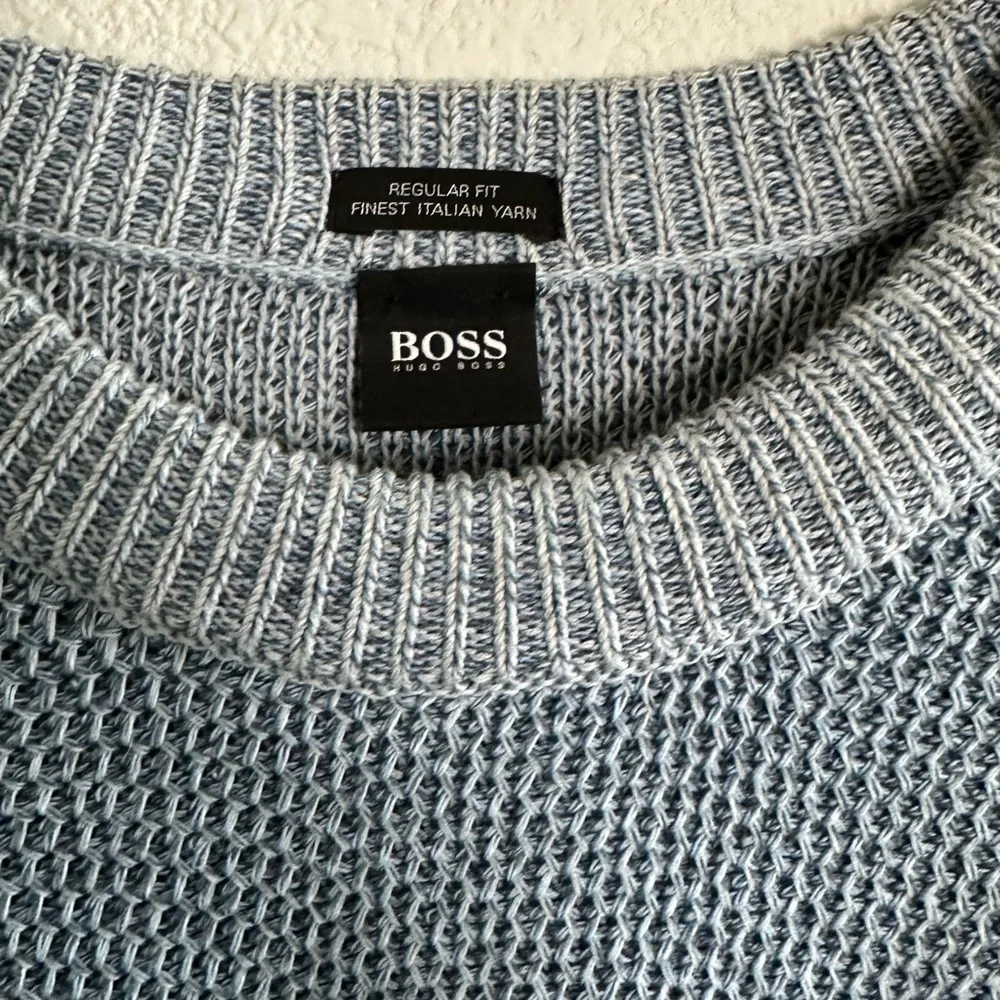 Hugo Boss Light Blue textured waffle-knit Crewneck Sweater